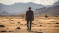 Solitary Businessman Walking Away in the Desert AI Generated