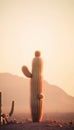 Solitary Cactus in a Muted Desert Landscape, Backlit by a Soft Sunset. Generative ai Royalty Free Stock Photo