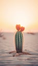 Solitary Cactus in a Muted Desert Landscape, Backlit by a Soft Sunset. Generative ai Royalty Free Stock Photo