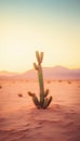 Solitary Cactus in a Muted Desert Landscape, Backlit by a Soft Sunset. Generative ai Royalty Free Stock Photo