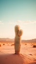 Solitary Cactus in a Muted Desert Landscape, Backlit by a Soft Sunset. Generative ai Royalty Free Stock Photo