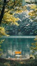 Solitary chair by a calm lake