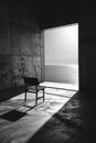 Solitary Chair Facing the Calm Ocean in a Minimalist Concrete Room at Sunrise