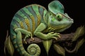 Vibrant chameleon on a forest branch. Generative Ai