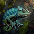 Vibrant chameleon on a forest branch. Generative Ai