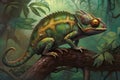 A vibrant chameleon perches on a forest branch. Generative Ai