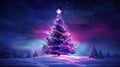 Solitary Christmas tree lit in purple and blue winter countryside with snow and stars above. Generative AI