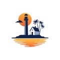 solitary cottage home stay in the island beach of country side village with sunset behind lighthouse tower vector logo design Royalty Free Stock Photo