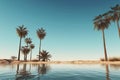 Solitary Desert Oasis, Palm Trees Providing Shade Beside Shimmering Pool Of Water Royalty Free Stock Photo