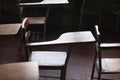 Solitary desks with no students in empty classroom in the dark Caracas Venezuela