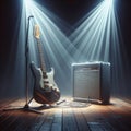 A musical instrument: electric guitar, sits on alone on stage ready to play, under a strong single spotlight