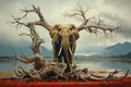 Solitary elephant beside tree surreal nature scene reflecting loneliness concept