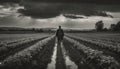 Solitary farmer walking through rural landscape, surrounded by nature generated by AI