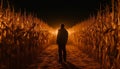 Solitary farmer walking through yellow corn fields at sunset generated by AI Royalty Free Stock Photo