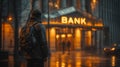 Solitary Figure Approaching Neon-Lit Bank in Evening Ambiance