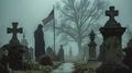 Solitary Figure In A Cloak Standing In A Foggy Cemetery With An American Flag In The Background Royalty Free Stock Photo