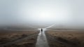 Solitary figure at a crossroads on a foggy path, minimal landscape