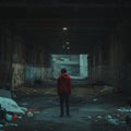 A solitary figure in a dark urban tunnel Royalty Free Stock Photo