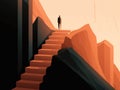 A solitary figure on a journey climbing the stairs of success. AI generation