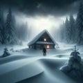 Man approaches isolated house in snow covered scene looking for shelter