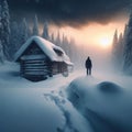 Man approaches isolated house in snow covered scene looking for shelter