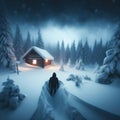 Man approaches isolated house in snow covered scene looking for shelter