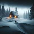 Man approaches isolated house in snow covered scene looking for shelter