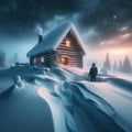 Man approaches isolated house in snow covered scene looking for shelter