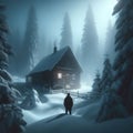 Man approaches isolated house in snow covered scene looking for shelter