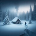 Man approaches isolated house in snow covered scene looking for shelter