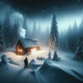 Man approaches isolated house in snow covered scene looking for shelter