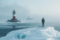 Solitary figure observing a frozen lighthouse on a tranquil winter day