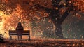 Solitary Figure on Park Bench Amidst Autumn Leaves