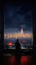 Solitary Figure Looking Out of Window at Night City and Fireworks