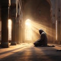 a solitary figure in prayer within the tranquil setting of a mosque bathed in sunlight