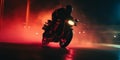 Solitary figure riding a motorcycle in a dark, smoky environment, AI-generated.