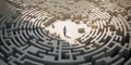 Solitary figure standing at the center of a complex circular stone labyrinth