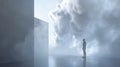 A solitary figure standing in a minimalist room, starkly contrasted by billowing smoke shaping into fluffy