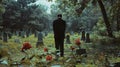 Solitary figure standing in a serene cemetery amidst tombstones and red flowers. reflective and somber mood. evocative