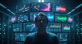 A solitary figure stands amidst a vast array of glowing digital screens displaying complex data visualizations and scientific Royalty Free Stock Photo