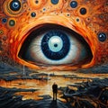 A solitary figure stands before a colossal eye that reflects a surreal, swirling world. AI generation Royalty Free Stock Photo