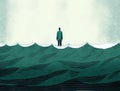 A solitary figure stands in the ocean the waves of behavior seeping into their subconscious. Art concept. AI generation