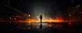 A solitary figure walking in the night their reflection shimmering in puddles. Concept Reflections, Solitude, Nighttime, Puddles,