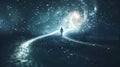 Solitary figure: radiant path, starry galaxy, exploration, discovery, dark, glowing accents Royalty Free Stock Photo