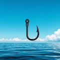 A solitary fishhook is depicted against a backdrop of a clear blue sky and expansive Royalty Free Stock Photo