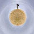 Solitary Girl Holding an Umbrella Standing on 3d Planet in Sky