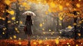 A solitary girl with an umbrella in hand, wandered through the enchanting autumn woods