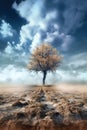A solitary golden tree stands on cracked earth under a dramatic sky, amidst ethereal mist and contrasting warm-cool tones, ai Royalty Free Stock Photo
