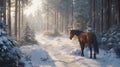 Brown Horse Standing in Snowy Forest Path at Dawn, Winter Landscape Royalty Free Stock Photo