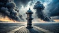 A solitary hydrant stands sentinel on a cobblestone path, a vast plume of smoke obscuring a distant cityscape under a brooding sky Royalty Free Stock Photo